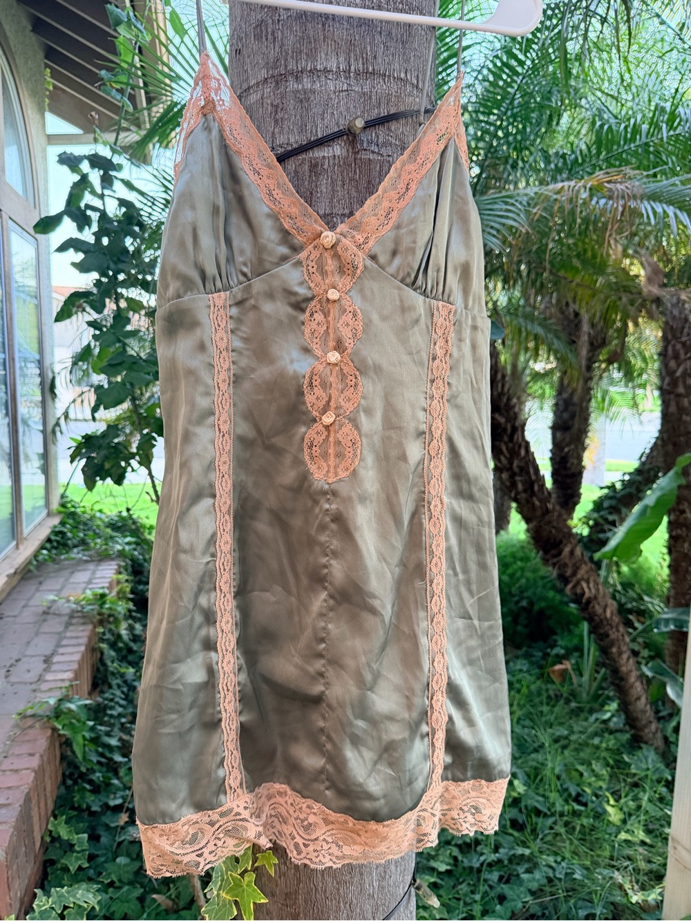 Urban Outfitters Sage Green Satin Slip with Peach Lace Trim
